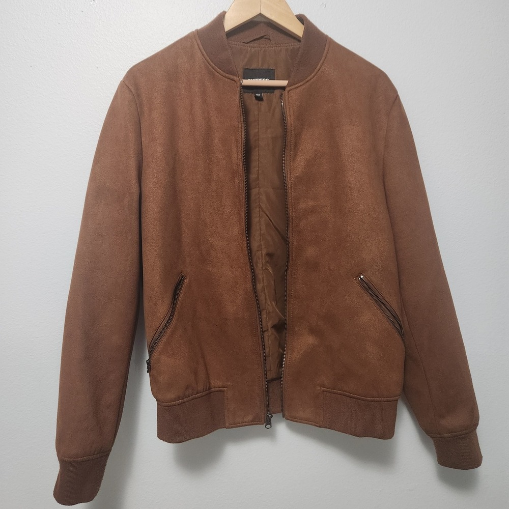 Express Mens Brown Faux Suede Bomber Jacket Full Zip Cognac Smart Preppy Urban M